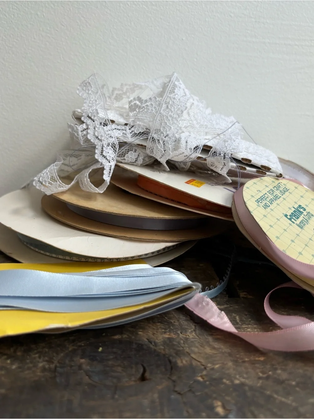 Vintage lot of Mixed Satin Ribbons and White Lace Trim Bundle Destash